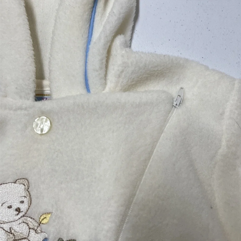 McBaby Fleece One‎ Piece Ivory Embroidered Teddy Bear Blue Trim Hooded Size 6-9M